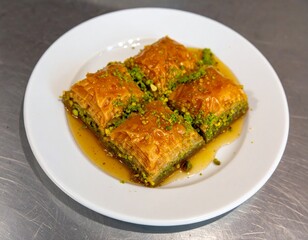 Traditional Turkish Baklava with Pistachio and Honey Syrup Served on Plate for Premium Sweet Dessert Object and Gourmet Pastry Concept