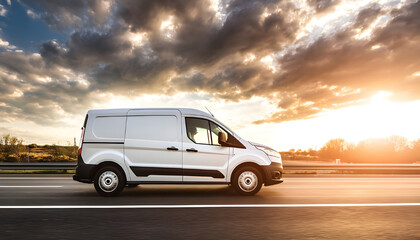 White delivery van on highway road.