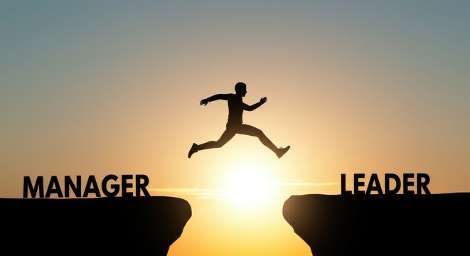 A person jumping between cliffs labeled manager and leader at sunset