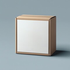 A brown cardboard box with a white label sits on a blue surface