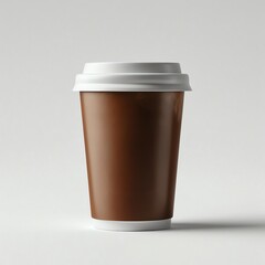 A brown disposable coffee cup with a white lid and base
