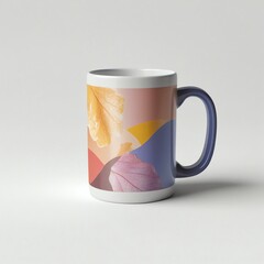A ceramic mug with a navy handle featuring a graphic of autumn leaves