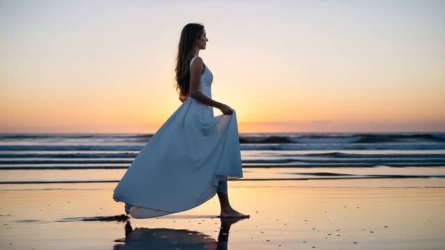 Female figure in flowing white dress walks along the shoreline, with waves gently lapping at her feet, embodying tranquility and elegance