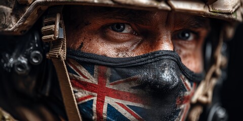 A soldier face, partially covered by a Union Jack patterned mask, exudes determination and grit. The image captures resilience, patriotism, and rugged intensity.