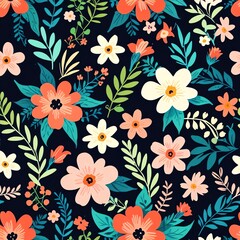 A dark background filled with a repeating pattern of colorful flowers and leaves