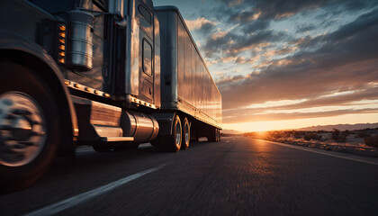 A long distance semi truck with cargo trailer passes the camera driving on a desert road into the sunset
