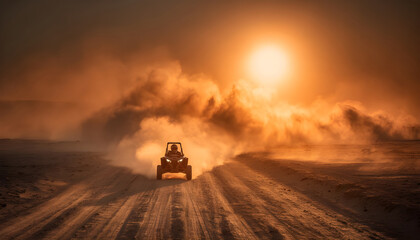 Buggy and motorbike ride across sandy road at sunset with dust clouds symbolizing endurance speed freedom adventure exploration resilience and the raw challenge of motorsport in vast wilderness