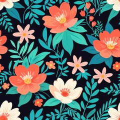 A pattern of colorful flowers and leaves on a dark background