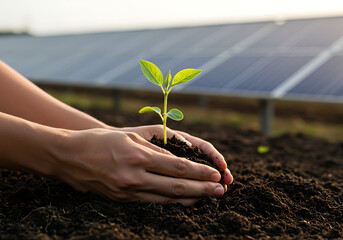 Nurturing Growth Seedling, Soil, and Solar Power Harmony