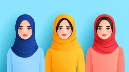 Portraits of Diverse Women in Hijabs with Colorful Headscarves on Blue Background