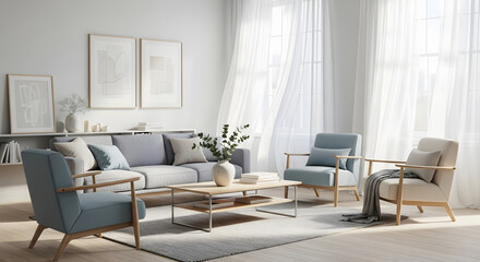 Fototapeta premium Modern and Comfortable Living Room Interior Design with Neutral Tones and Natural Light