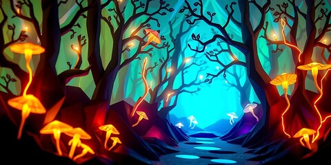A vibrant, fantasy forest scene with a path leading into a glowing blue light. The path is lined with illuminated, oversized orange mushrooms and twisted trees, creating a magical and otherworldly