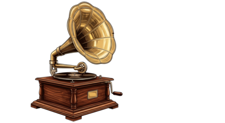 Vintage gramophone stands on a wooden base, featuring a golden horn and a crank handle.
