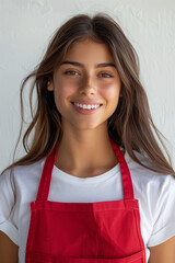 woman wearing a red apron on a white background