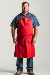man wearing a red apron on a white background