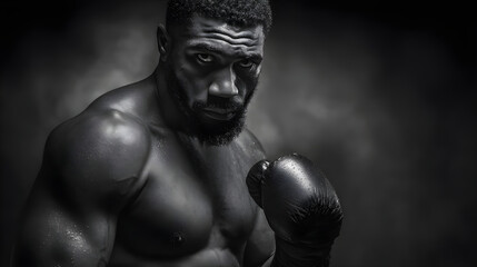 Strong african american man in boxing gloves posing confidently in dramatic lighting for sports photography