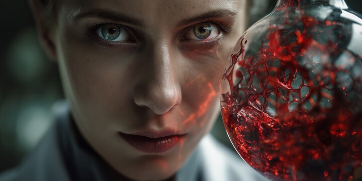 A woman with piercing green eyes stares intently, her face half lit by a glowing laboratory glassware beside her. Dramatic lighting evoke a sense of alchemy, discovery. Chemistry concept.
