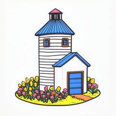 Charming Colorful Barn Surrounded by Vibrant Flowers in Hand-Drawn Style
