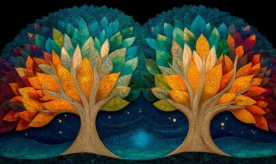 stained glass, mosaic art, wall decor, sacred symmetry, seasonal color, life trees, gold lined, contemplative sky, indigo horizon, jewel crowns, art print, blue field, serene vibe, glass tiles, night 