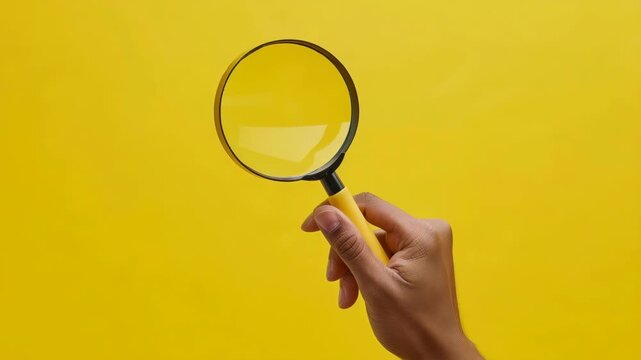 Hand holding a magnifying glass over yellow background, symbolizing search for truth and clarity.