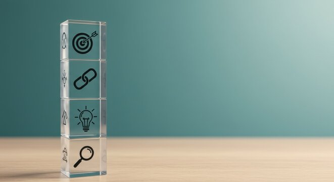 Clear glass cubes with icons representing business strategy, goal setting, and innovation stacked vertically on a wooden surface with a teal background