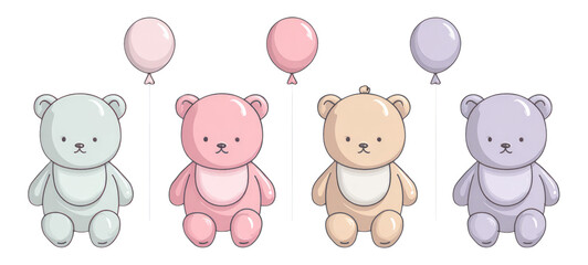 Obraz premium Cute Cartoon Bears with Balloons in Soft Colors on Transparent Background