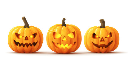 Three illuminated Halloween pumpkins with unique expressions on a white background