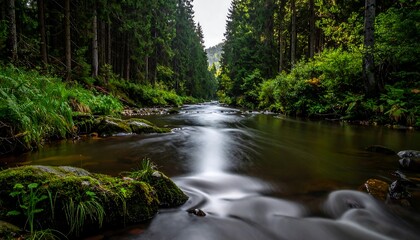 Obraz premium A tranquil river meanders through a lush forest, its waters blurred by long exposure, creating a serene landscape