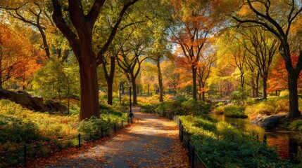 Obraz premium Autumnal park path with vibrant fall foliage