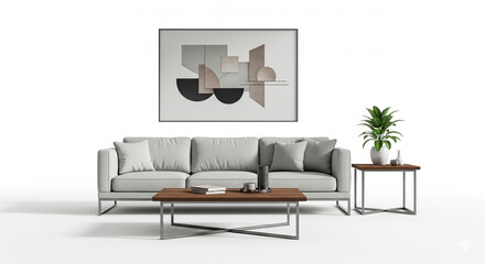 Cozy Modern Living Room Interior with Grey Sofa and Abstract Art on Isolated transparent background