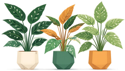 Fototapeta premium Three potted calathea plants with different leaf colors.