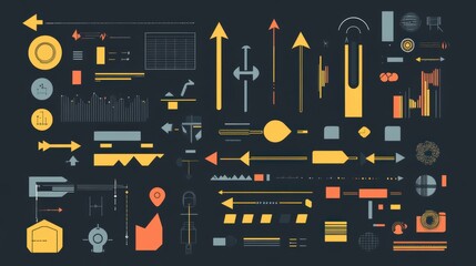 Abstract collection of colorful geometric shapes and arrows arranged on a dark background representing data, analytics, and technology concepts in visual design