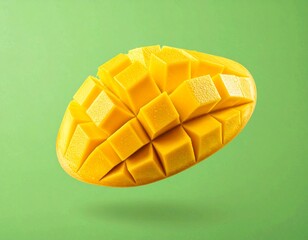 Yellow Mango Slice with Juicy Texture Isolated on Green Background for Tropical Fruit Object and Healthy Food Concept
