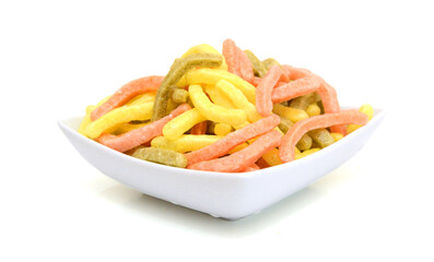 Naturally Baked Veggie Straws Made From Tomatoes, Spinach and Potatoes on white background 
