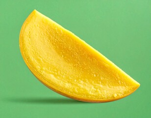Yellow Mango Slice with Juicy Texture Isolated on Green Background for Tropical Fruit Object and Healthy Food Concept