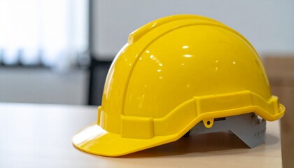 Yellow Safety Helmet for Construction Worker on Table for Premium Tool Object and Industrial Safety Concept