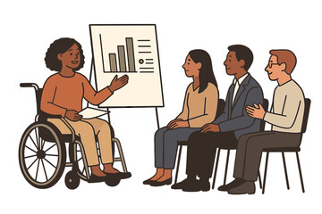 An African American woman in a wheelchair delivers a presentation to her coworkers during an office meeting, fostering teamwork and inclusion as part of the International Day of Persons with