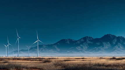 wide landscape of modern wind turbines on a desert plain with mountain backdrop, clear blue sky, photorealistic renewable energy scene, cinematic lighting