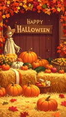 An autumnal harvest celebration setting with hay bales, baskets full of gourds and pumpkins, and vibrant fall foliage is depicted in this Halloween picture.  A helpful scarecrow keeps watch.