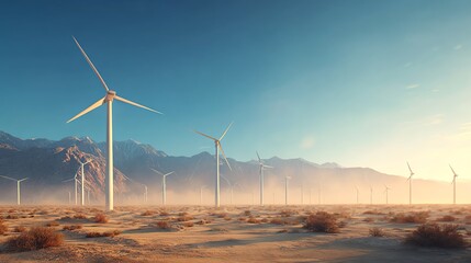 wide landscape of modern wind turbines on a desert plain with mountain backdrop, clear blue sky, photorealistic renewable energy scene, cinematic lighting