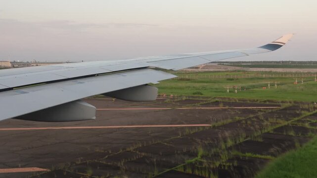 From a window seat: The aircraft is at the end of the runway, ready to depart from Sendai Airport, 2025.09.16.