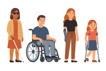 Obraz premium Include a blind woman with a cane, a man in a wheelchair, a woman with a robotic hand prosthesis, and a girl on crutches
