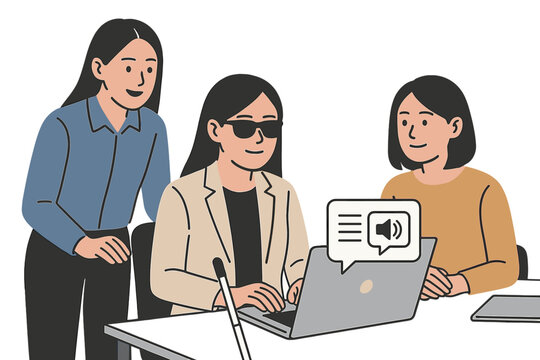 In the workplace, Asian women coworkers&mdash;including a person with blindness&mdash;use a laptop with a screen reader program for people with visual impairments, illustrating concepts of disability inclusion