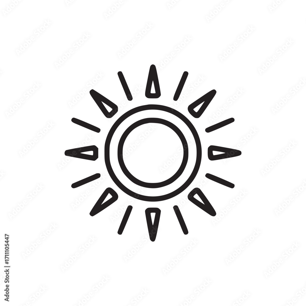 Poster illustration of a sun with rays, the sun is depicted in a minimalist style, with clean lines and a s