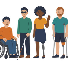A flat‑style vector cartoon illustration featuring a diverse group of disabled individuals&mdash;including a wheelchair user, a blind person, and people with prosthetic limbs and canes&mdash;celebrates World