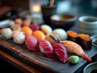 A close-up, elegant shot of a platter of assorted nigiri sushi, including salmon, tuna, and shrimp, arranged artfully in a fine dining setting with a soft background.