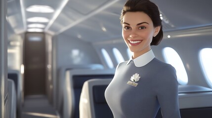 Happy flight attendant smiling in modern airplane cabin, showcasing friendly service, professionalism, and comfort during travel experience for passengers