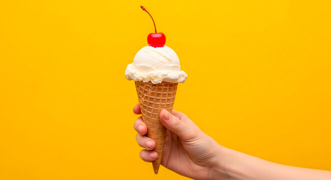A hand holding a soft-serve ice cream cone with a cherry on top on a yellow background.