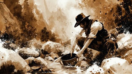 digital painting of a gold miner panning in desert river, sepia vintage tones, dust and dirt splatter texture, old western theme