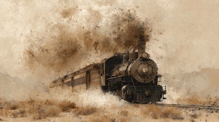 digital painting of a steam locomotive rushing through desert landscape, sepia vintage tones, dust clouds and splatter grunge effect, wild west aesthetic